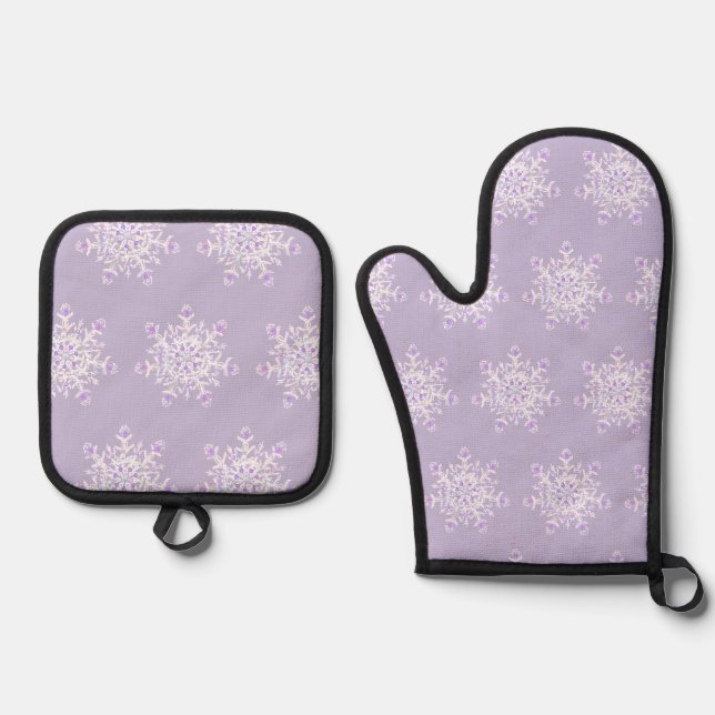 light purple snowflake & glittering heart oven mitt & pot holder set (Front)