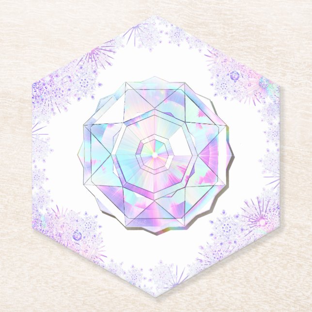 light purple snowflake & glittering heart paper coaster (Front)
