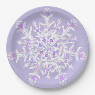 light purple snowflake & glittering heart paper plate