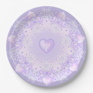 light purple snowflake & glittering heart paper plate