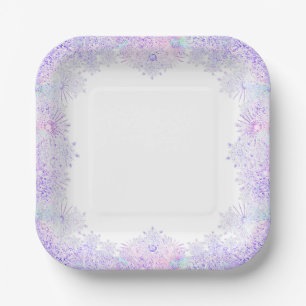 light purple snowflake & glittering heart paper plate