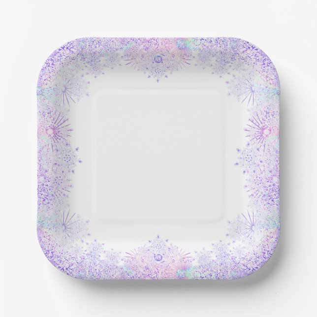 light purple snowflake & glittering heart paper plate (Front)