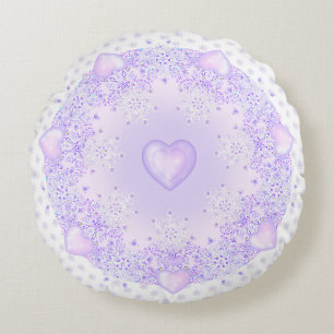 light purple snowflake & glittering heart round cushion