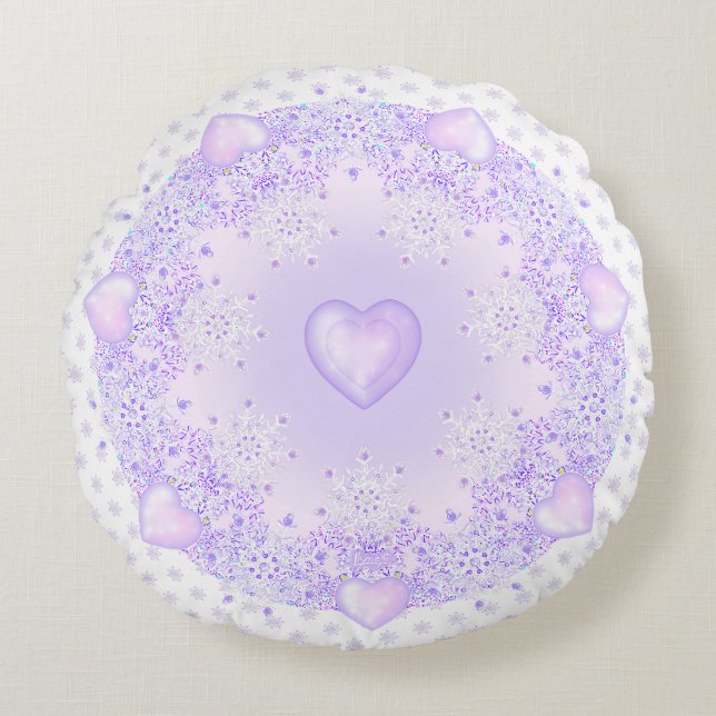 light purple snowflake & glittering heart round cushion (Front)