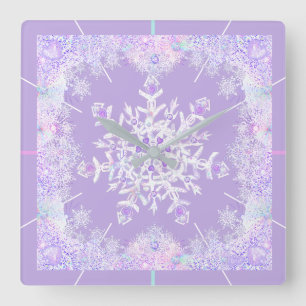 light purple snowflake & glittering heart square wall clock