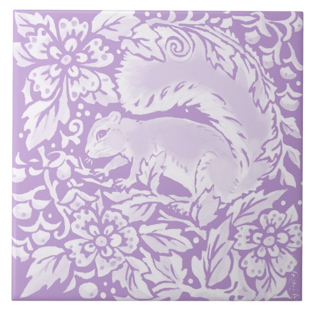 Light Purple Squirrel Floral Woodland Nature Tile (Front)