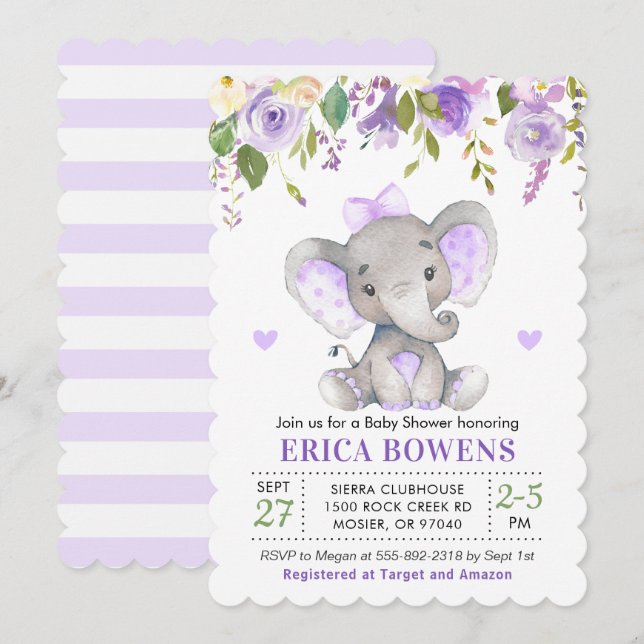 Light Purple Watercolor Girl Elephant Baby Shower Invitation (Front/Back)
