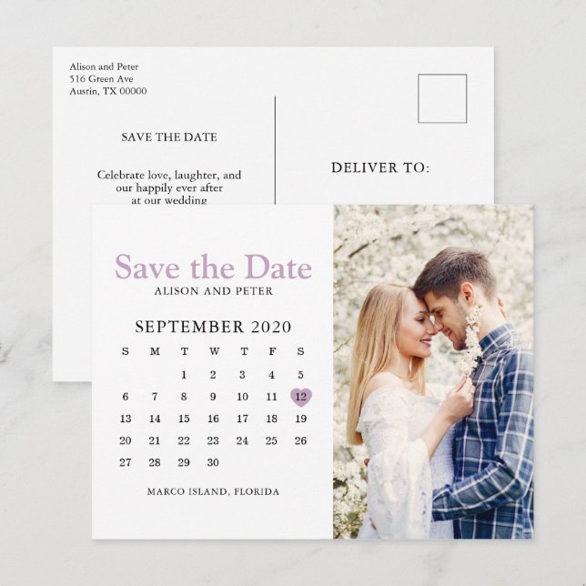 Light Purple Wedding Save the Date Calendar Photo Announcement Postcard (Front/Back)