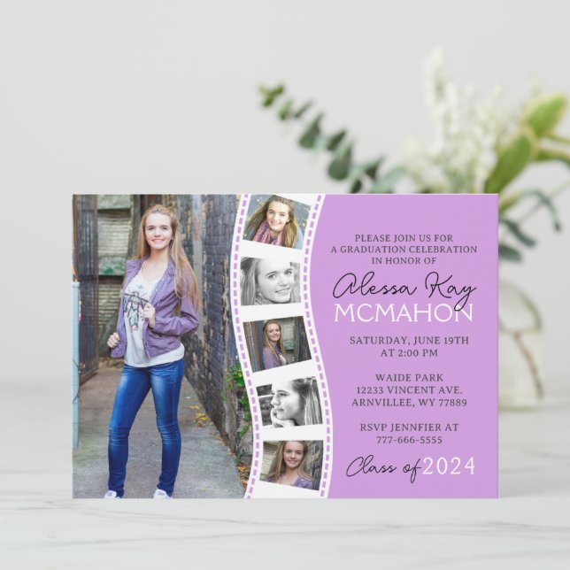 Light Purple & White Filmstrip 6 Photo Graduation Invitation (Standing Front)