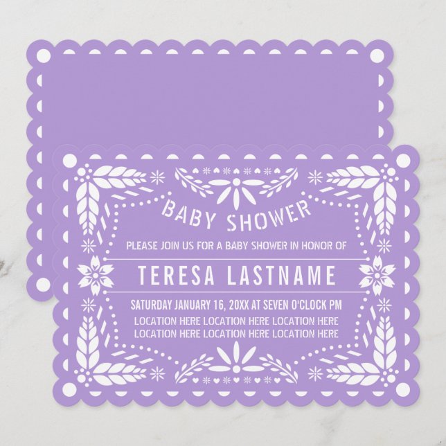 Light purple, white papel picado baby girl shower invitation (Front/Back)