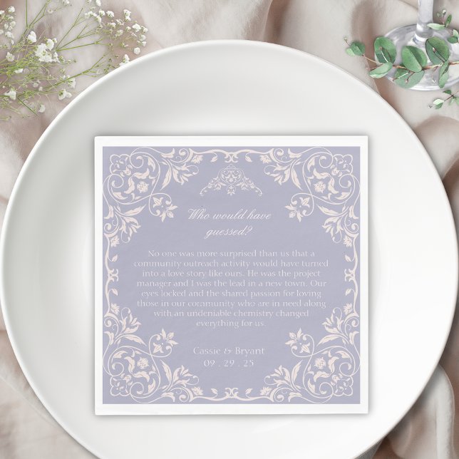 Light Purple Who Would Have Guessed Wedding Napkin (lavender purple fun facts wedding napkins for how when or where we met for the bride and groom decor)