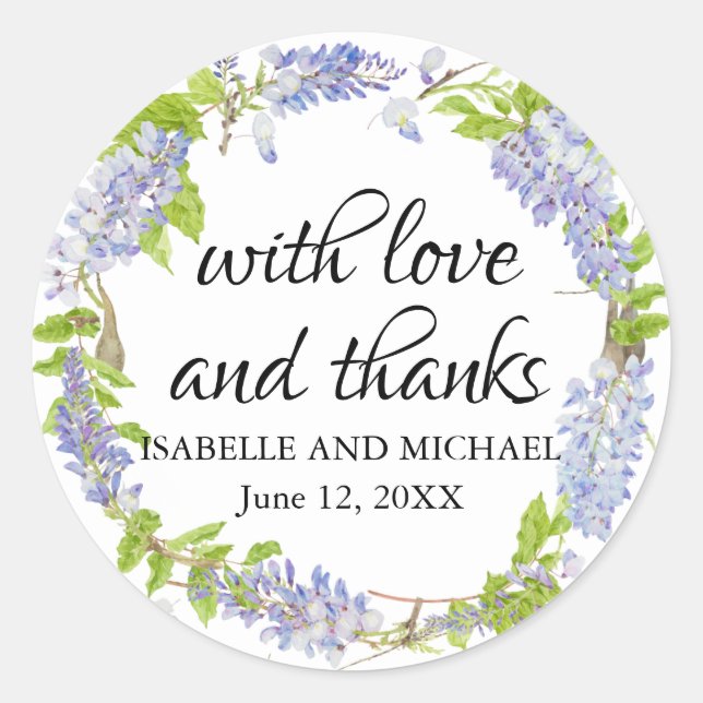 Light Purple Wisteria Floral Wedding Favour Classic Round Sticker (Front)