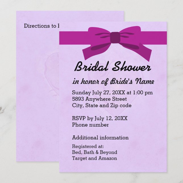 Light Purple with Heart & Purple Bow Bridal Shower Invitation (Front/Back)