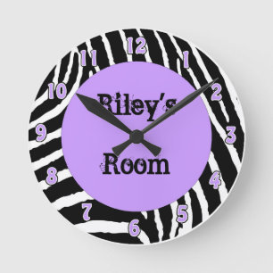 Light Purple Zebra Girls Room Wall Clock with name