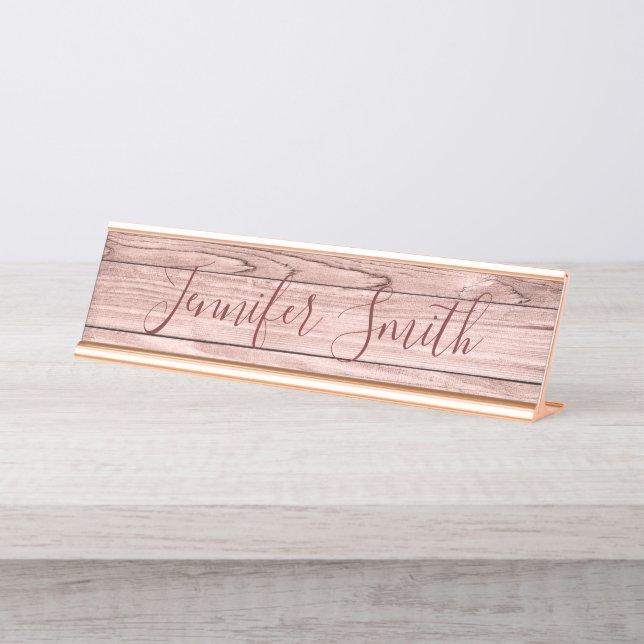 Light Rose Gold Rustic Wood Photo Desk Name Plate (Front)