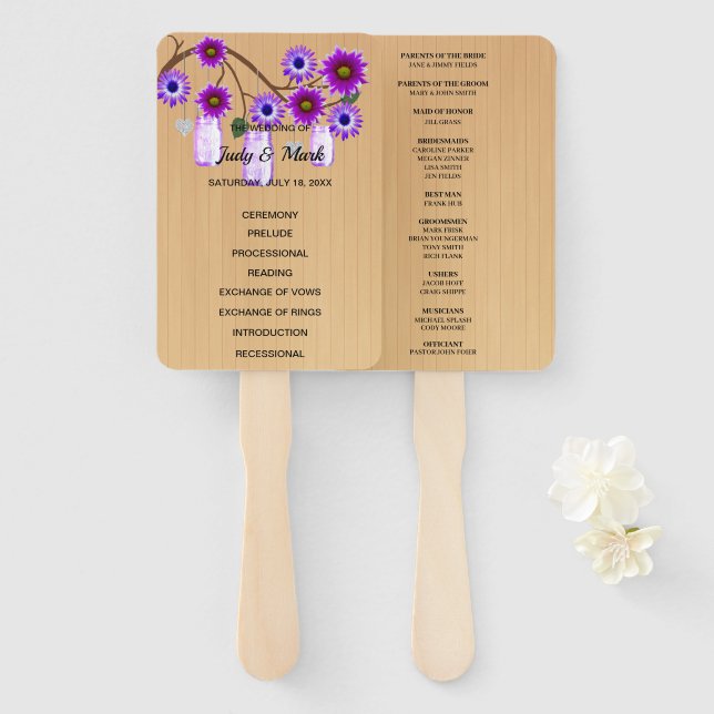 Light Rustic Purple Floral Mason Jars Wedding Hand Fan (Front and Back)