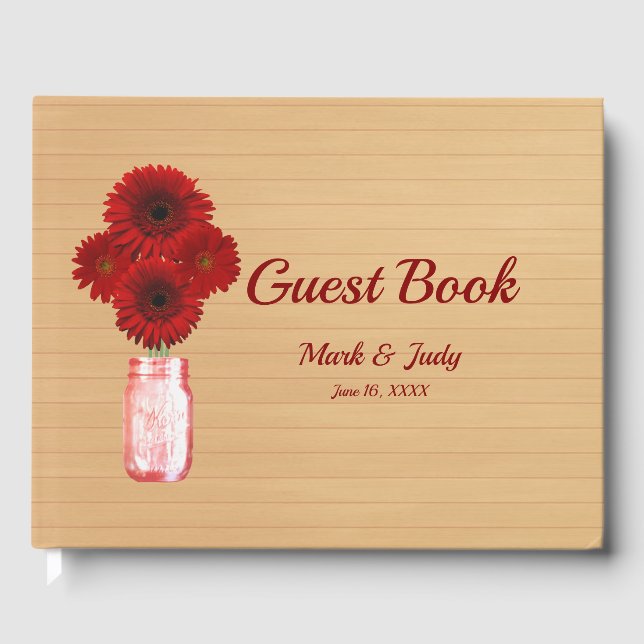 Light Rustic Red Floral Mason Jar Wedding Guest Book (Front)