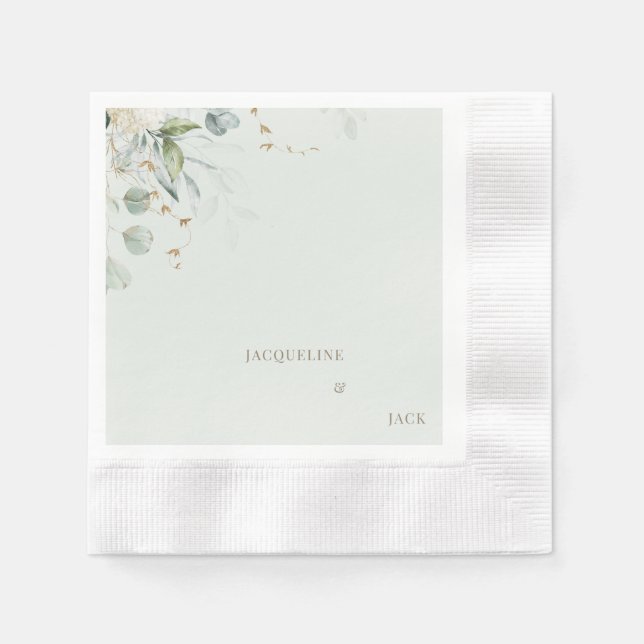 Light Sage Foliage Personalised Wedding Cocktail Napkin (Front)