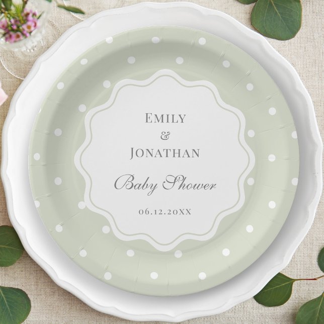 Light Sage Green and White Polka Dots Baby Shower Paper Plate (Creator Uploaded)