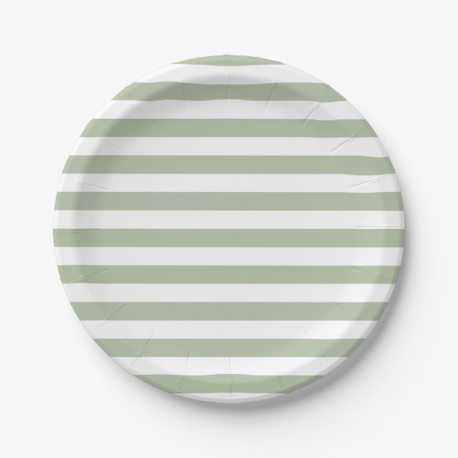 Light Sage Green and White Stripes Paper Plate (Front)