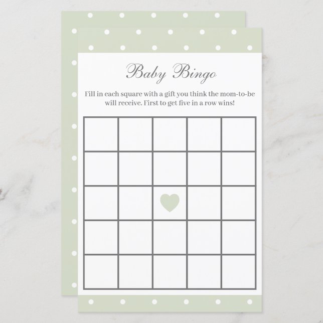 Light Sage Green Baby Shower Baby Bingo Game (Front/Back)