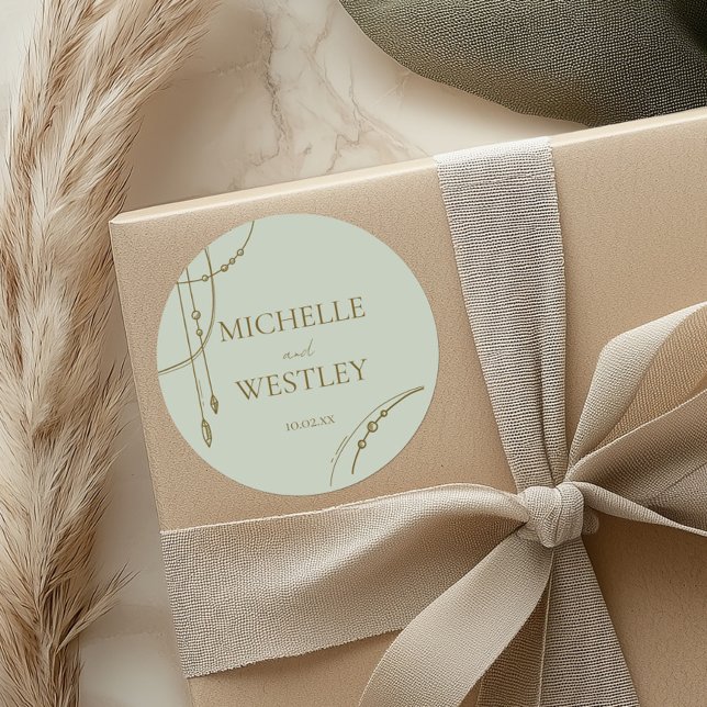 Light Sage Green Boho Draped Beaded Wedding Classic Round Sticker (Creator Uploaded)