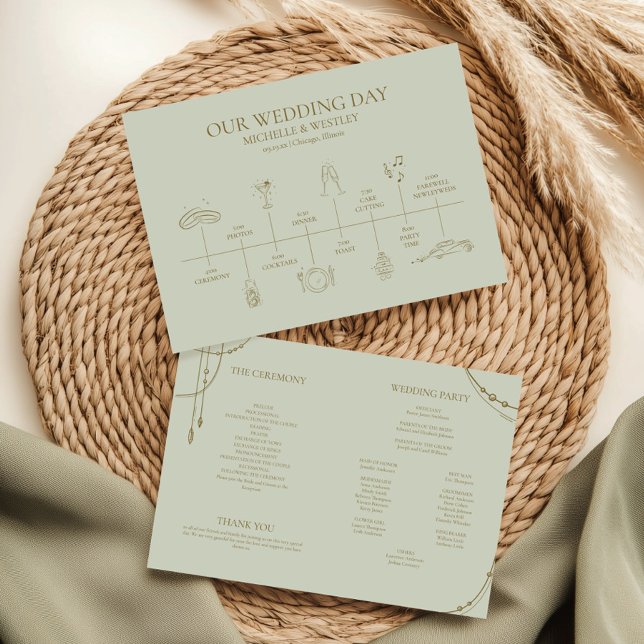 Light Sage Green Boho Draped Beaded Wedding Programme (Creator Uploaded)