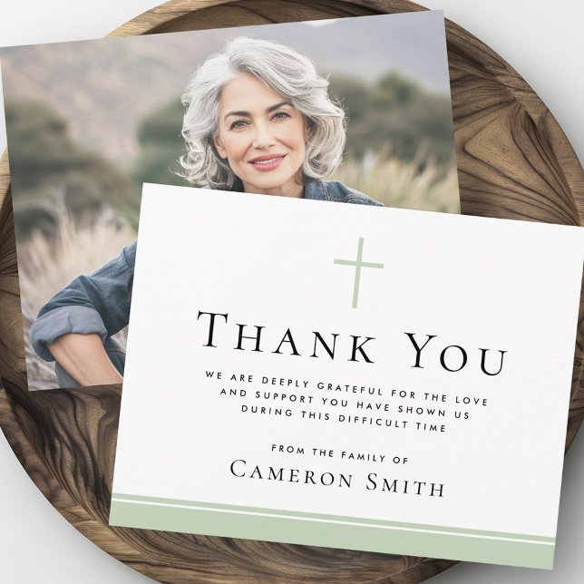Light sage green cross funeral sympathy photo thank you card (Light sage green cross funeral sympathy photo thank you card)