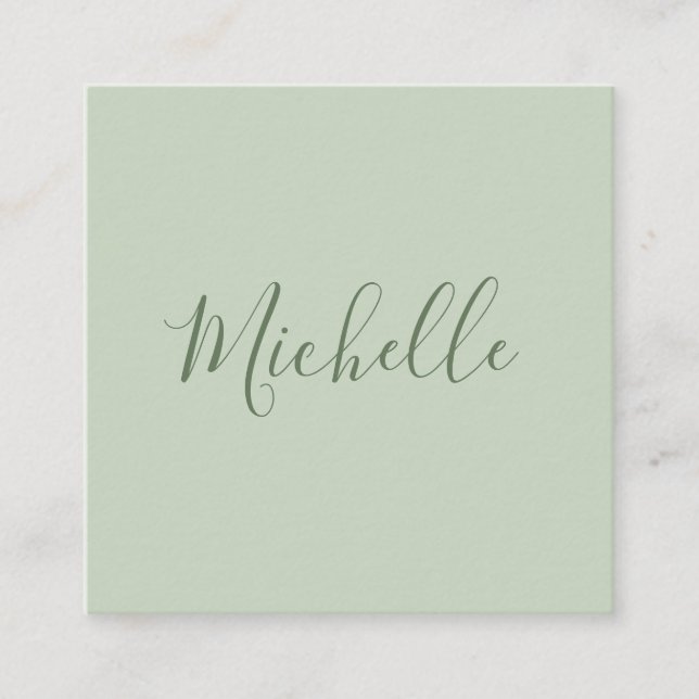 Light sage green feminine minimalist square business card (Front)