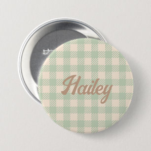light sage green gingham preppy plaid checked 7.5 cm round badge