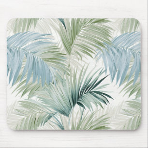 Light Sage Green Pale Blue Palm Leaves Patterned Mouse Mat