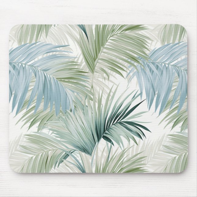 Light Sage Green Pale Blue Palm Leaves Patterned Mouse Mat (Front)