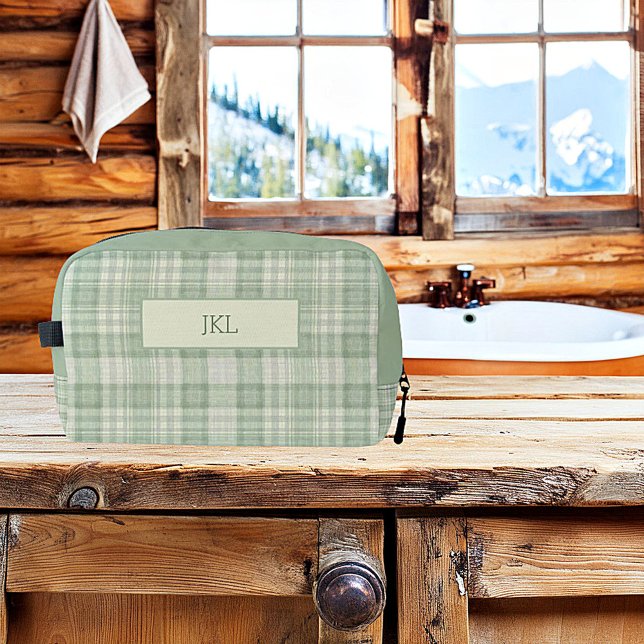 Light sage green plaid monogram dopp kit (Creator Uploaded)