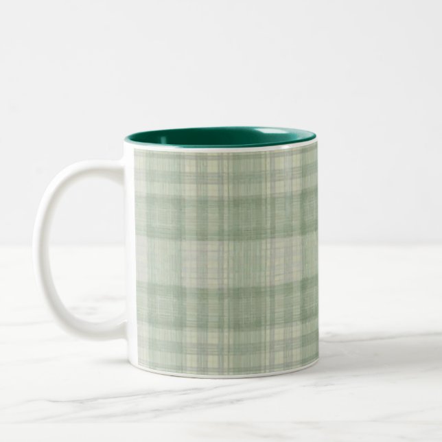 Light sage green plaid Two-Tone coffee mug (Left)