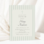 Light Sage Green Stripe Elegant Baptism Boy Invite<br><div class="desc">Sophisticated baptism boy invitation that features a sage & white stripe pattern and a simple cross on an "aged colour" paper. For a premium linen textured look choose the paper type "Laid".</div>