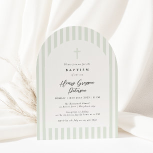 Light Sage Green Stripe Elegant Baptism Invitation