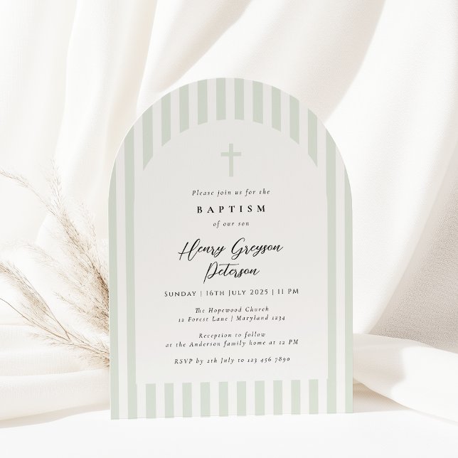 Light Sage Green Stripe Elegant Baptism Invitation (Creator Uploaded)