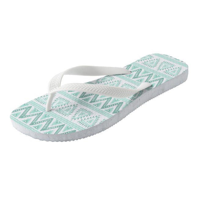 Light Sage Green Tribal Geometric Pattern Flip Flops (Angled)