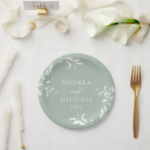 Light Sage Green Wedding Elegant Luxury Flourish Paper Plate