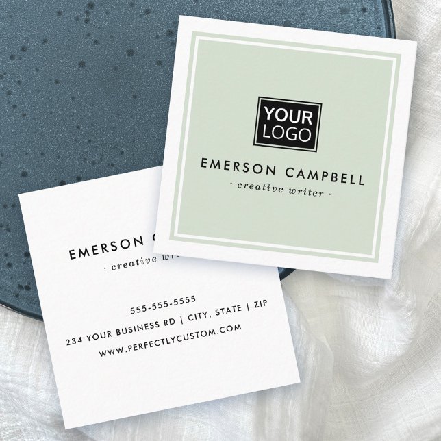 Light sage green white border custom logo minimal square business card (Creator Uploaded)