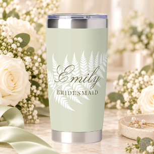 Light Sage Green White Fern Elegant Bridesmaid Insulated Tumbler