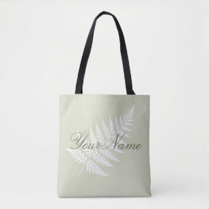 Light Sage Green White Fern Personalised Name Tote Bag