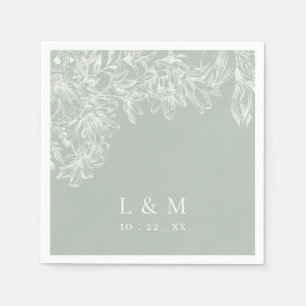 Light Sage Green White Floral Monogram Wedding Napkin