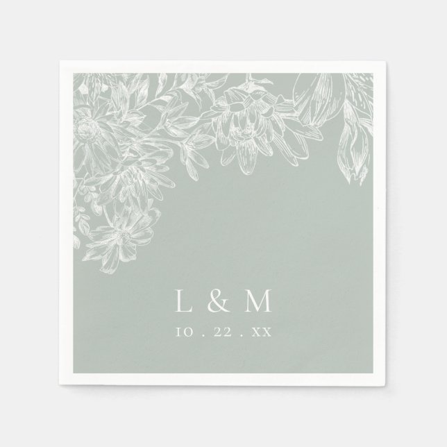 Light Sage Green White Floral Monogram Wedding Napkin (Front)