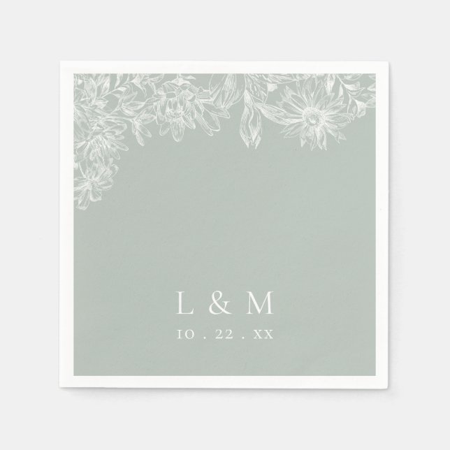Light Sage Green White Monogram Wedding Napkins (Front)