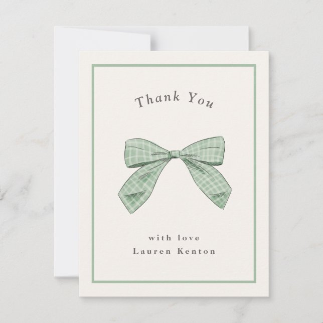 Light Sage Plaid Bow Elegant Baby Shower Thank You Card (Front)