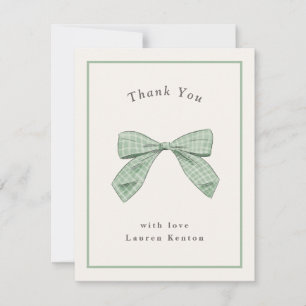 Light Sage Plaid Bow Elegant Baby Shower Thank You Card