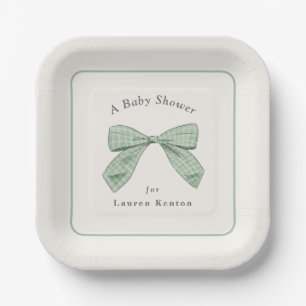 Light Sage Plaid Bow Elegant Boy Baby Shower Paper Plate