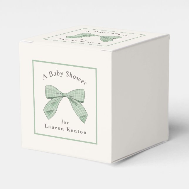 Light Sage Plaid Bow Elegant Neutral Baby Shower Favour Box (Front Side)