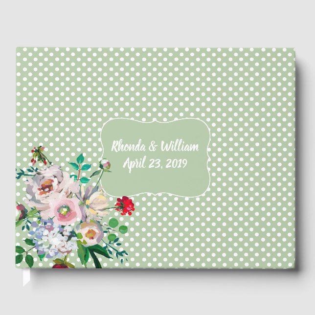 Light Sage with White Dots and Flowers Wedding Guest Book (Front)